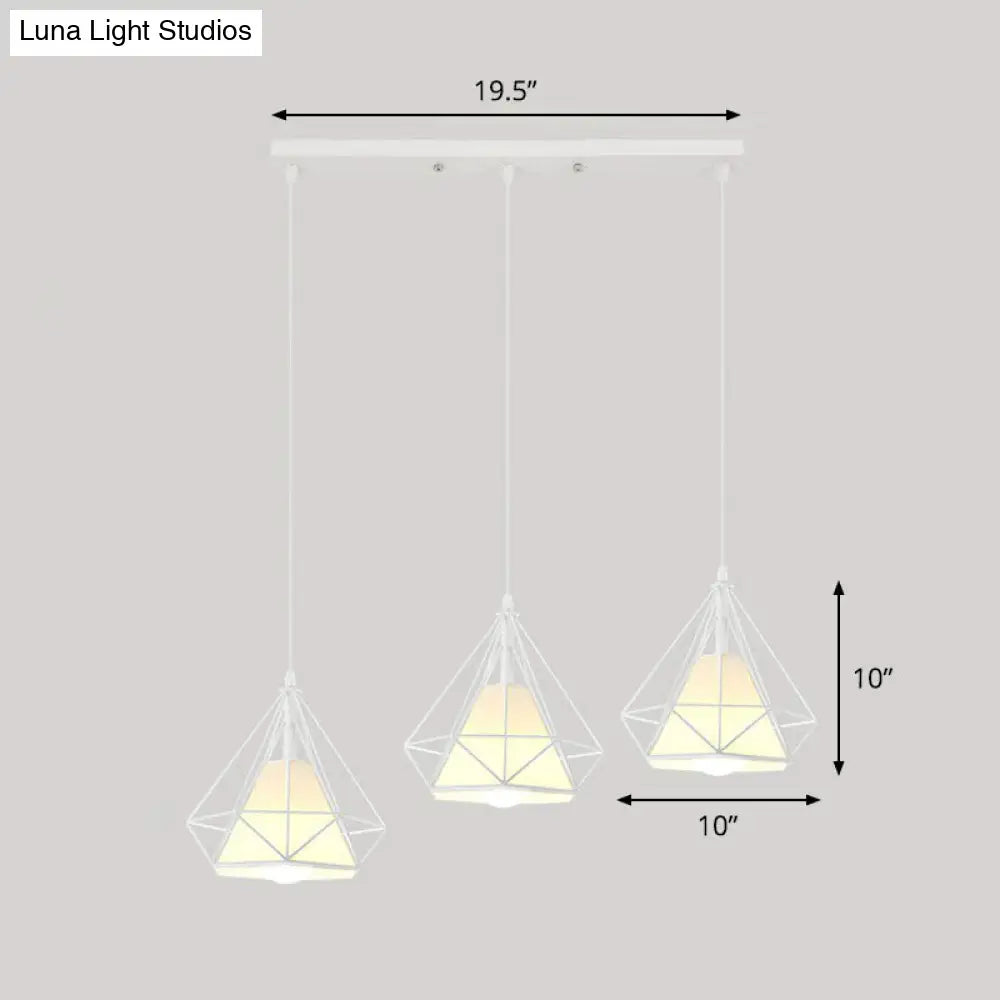 Simplicity Diamond Frame Iron Ceiling Light With 3 Multi Bulbs For Restaurant White / Linear