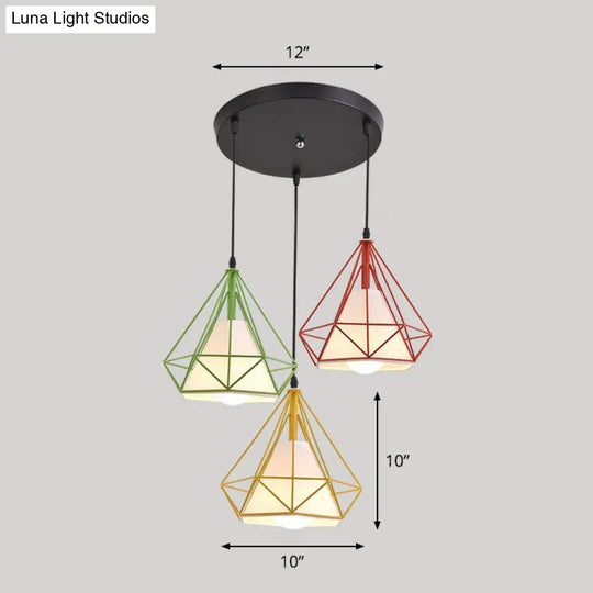 Simplicity Diamond Frame Iron Ceiling Light With 3 Multi Bulbs For Restaurant Red / Round