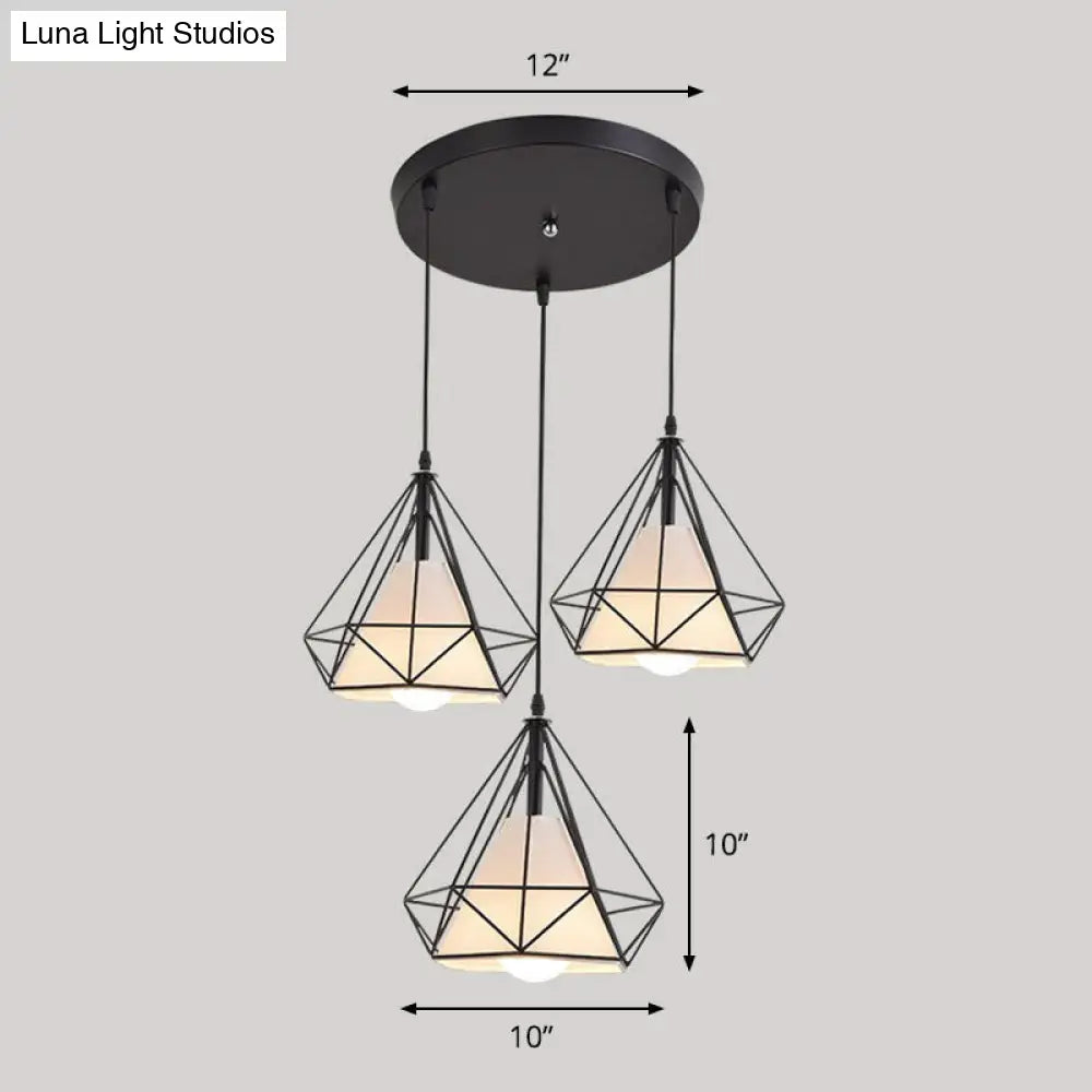 Simplicity Diamond Frame Iron Ceiling Light With 3 Multi Bulbs For Restaurant Black / Round