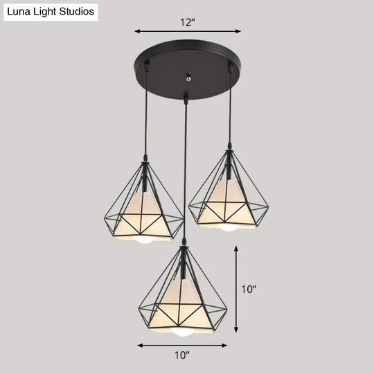 Simplicity Diamond Frame Iron Ceiling Light With 3 Multi Bulbs For Restaurant Black / Round