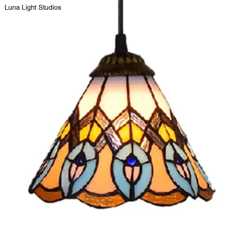 Multi-Color Baroque Style Pendant Light: Adjustable Mini Peacock Tail Design With Art Glass Cone