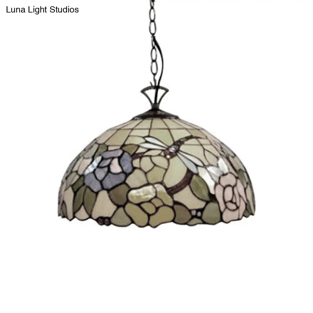 Multi-Color Tiffany Pendant Light With Floral Dragonfly Design For Kitchen - 12’/16’ Domed