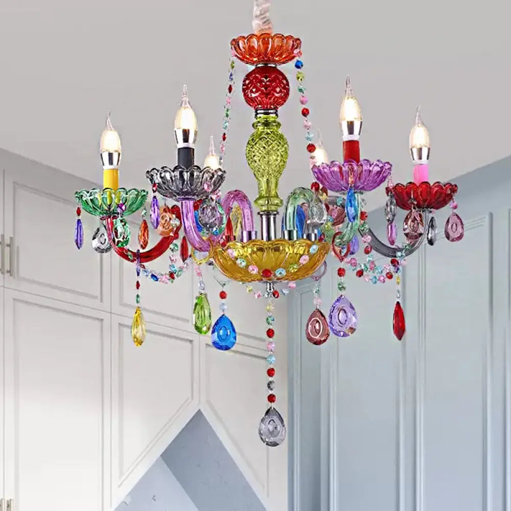 Multi-Colored Glass Chandelier With Teardrop Crystals For Kids Room 6 / Green Pendant Lighting