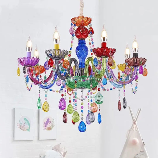 Multi-Colored Glass Chandelier With Teardrop Crystals For Kids Room 8 / Green Pendant Lighting