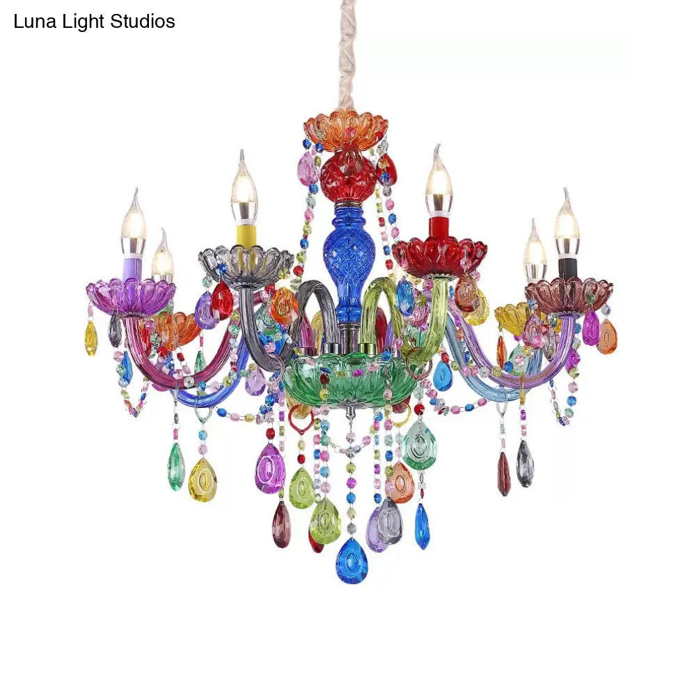 Colorful Glass Pendant Chandelier With Teardrop Crystal For Kindergarten Decor