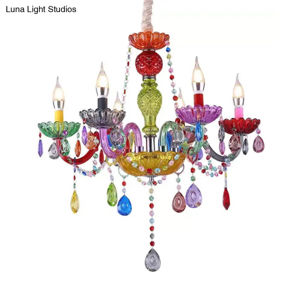 Colorful Glass Pendant Chandelier With Teardrop Crystal For Kindergarten Decor