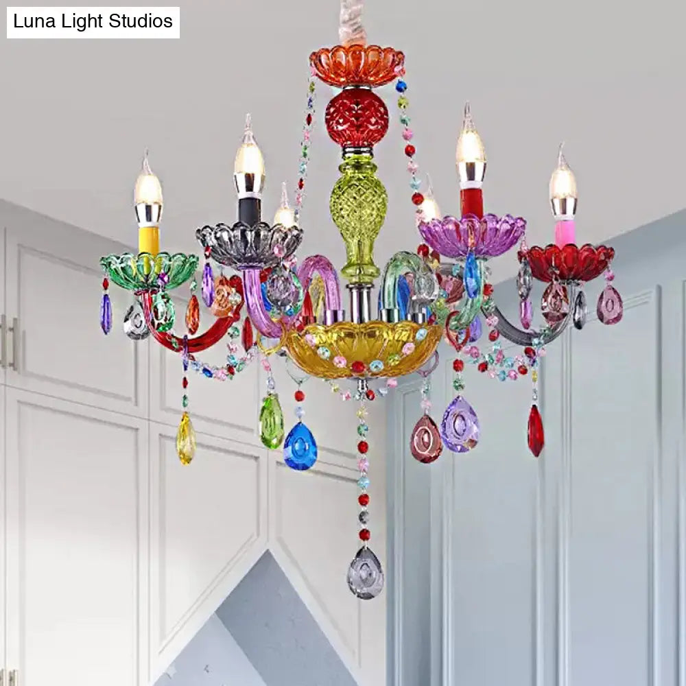 Multi-Colored Glass Chandelier With Teardrop Crystals For Kids Room Pendant Lighting