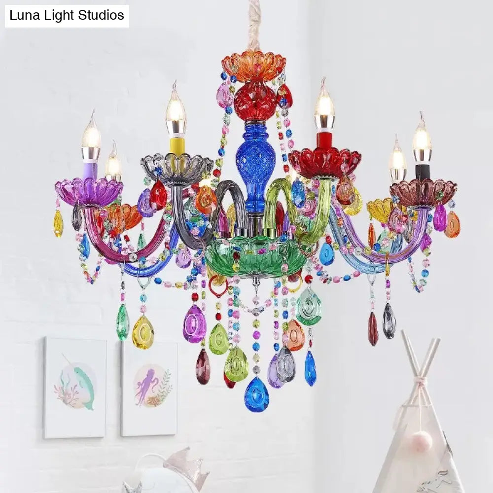 Colorful Glass Pendant Chandelier With Teardrop Crystal For Kindergarten Decor