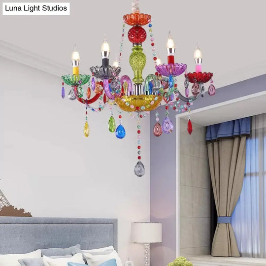 Colorful Glass Pendant Chandelier With Teardrop Crystal For Kindergarten Decor