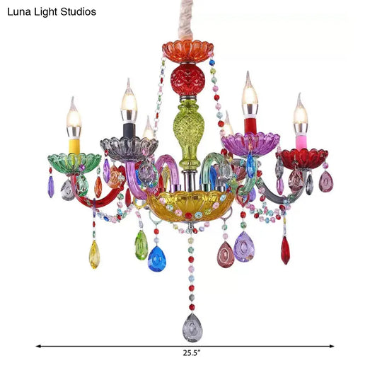 Colorful Glass Pendant Chandelier With Teardrop Crystal For Kindergarten Decor