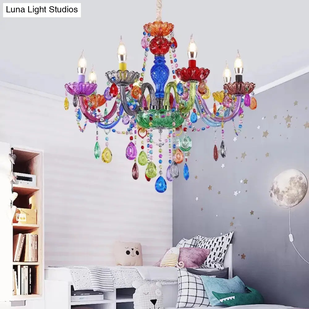 Multi-Colored Glass Chandelier With Teardrop Crystals For Kids Room Pendant Lighting