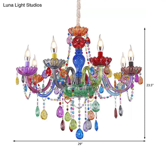 Multi-Colored Glass Chandelier With Teardrop Crystals For Kids Room Pendant Lighting