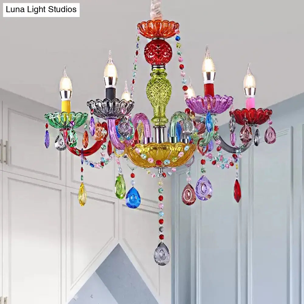 Colorful Glass Pendant Chandelier With Teardrop Crystal For Kindergarten Decor 6 / Green