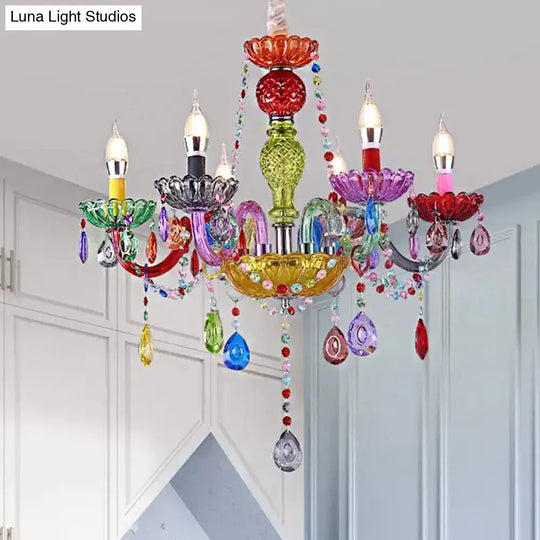 Colorful Glass Pendant Chandelier With Teardrop Crystal For Kindergarten Decor 6 / Green