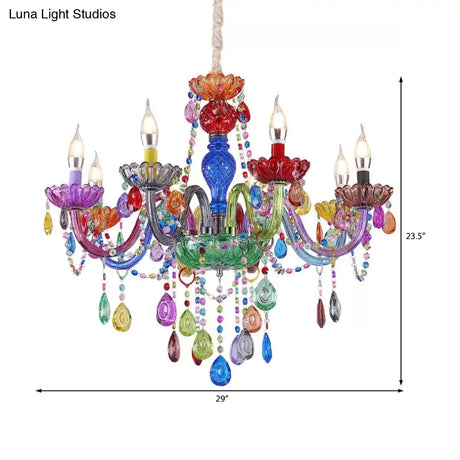 Multi-Colored Glass Chandelier With Teardrop Crystals For Kids Room Pendant Lighting