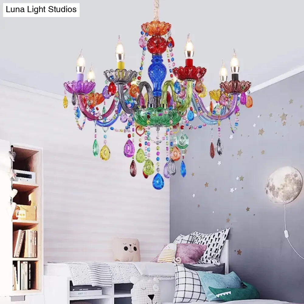 Colorful Glass Pendant Chandelier With Teardrop Crystal For Kindergarten Decor