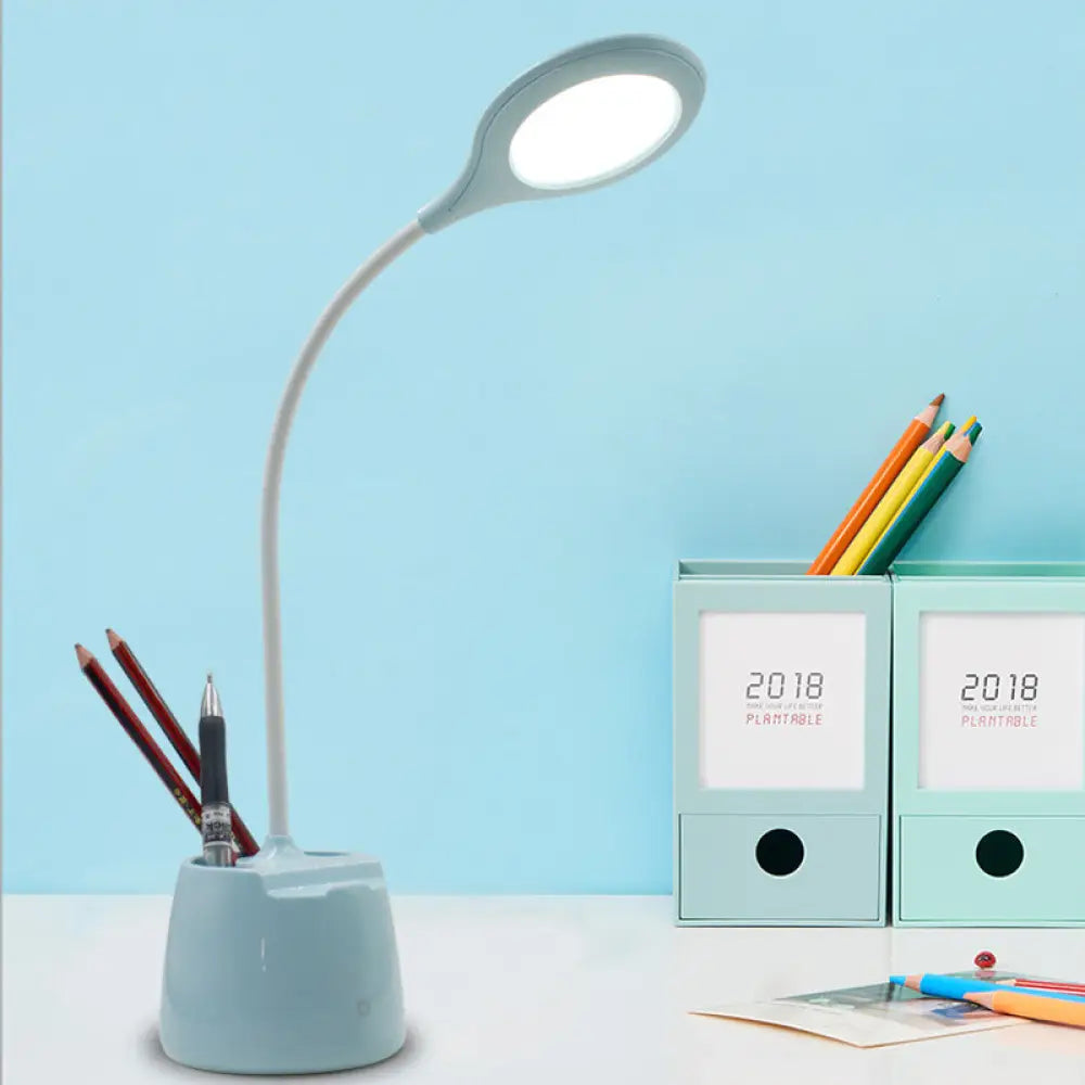 Multi-Colored Round Shade Desk Lamp With Usb Charging Led Reading Light And Pen Holder Blue