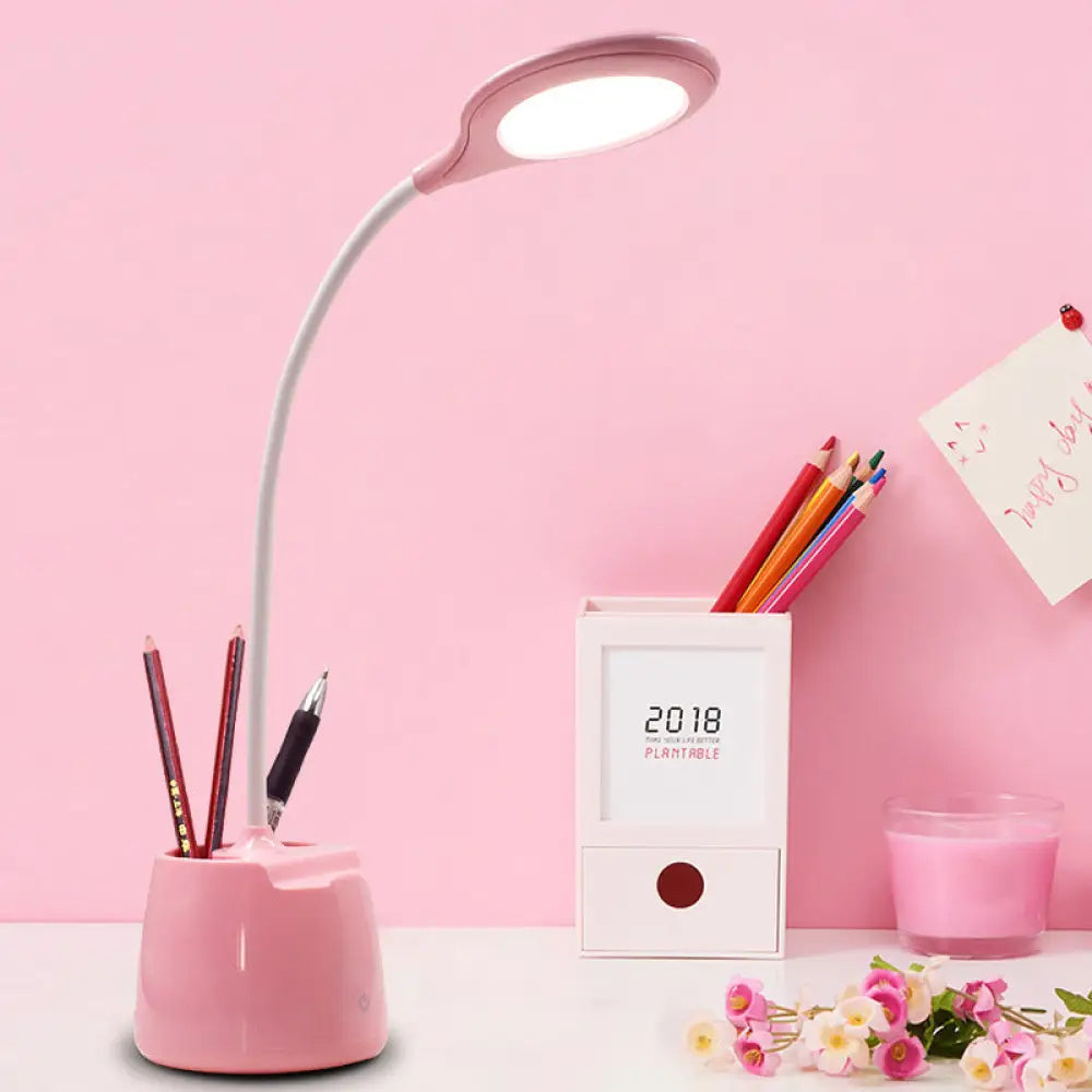 Multi-Colored Round Shade Desk Lamp With Usb Charging Led Reading Light And Pen Holder Pink