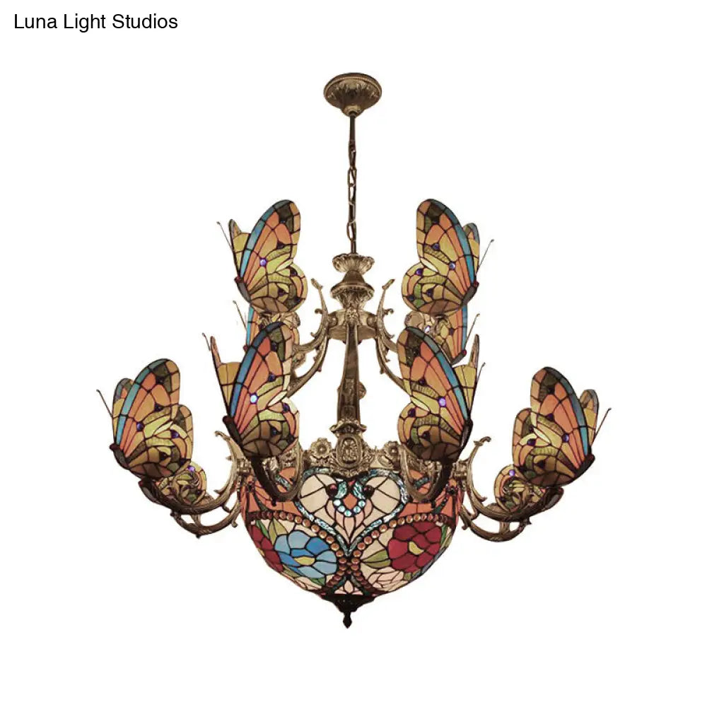 Exquisite Tiffany Multi-Colored Chandelier With Butterfly Glass Pendant For Living Room Décor