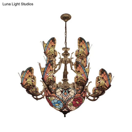 Exquisite Tiffany Multi-Colored Chandelier With Butterfly Glass Pendant For Living Room Décor