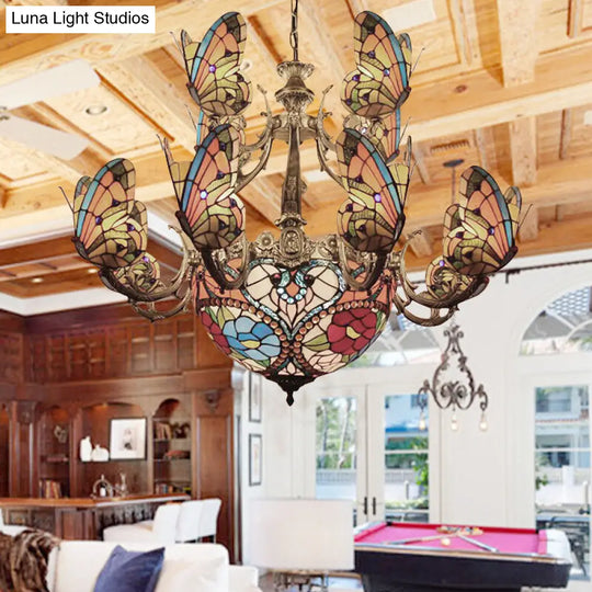 Exquisite Tiffany Multi-Colored Chandelier With Butterfly Glass Pendant For Living Room Décor Orange