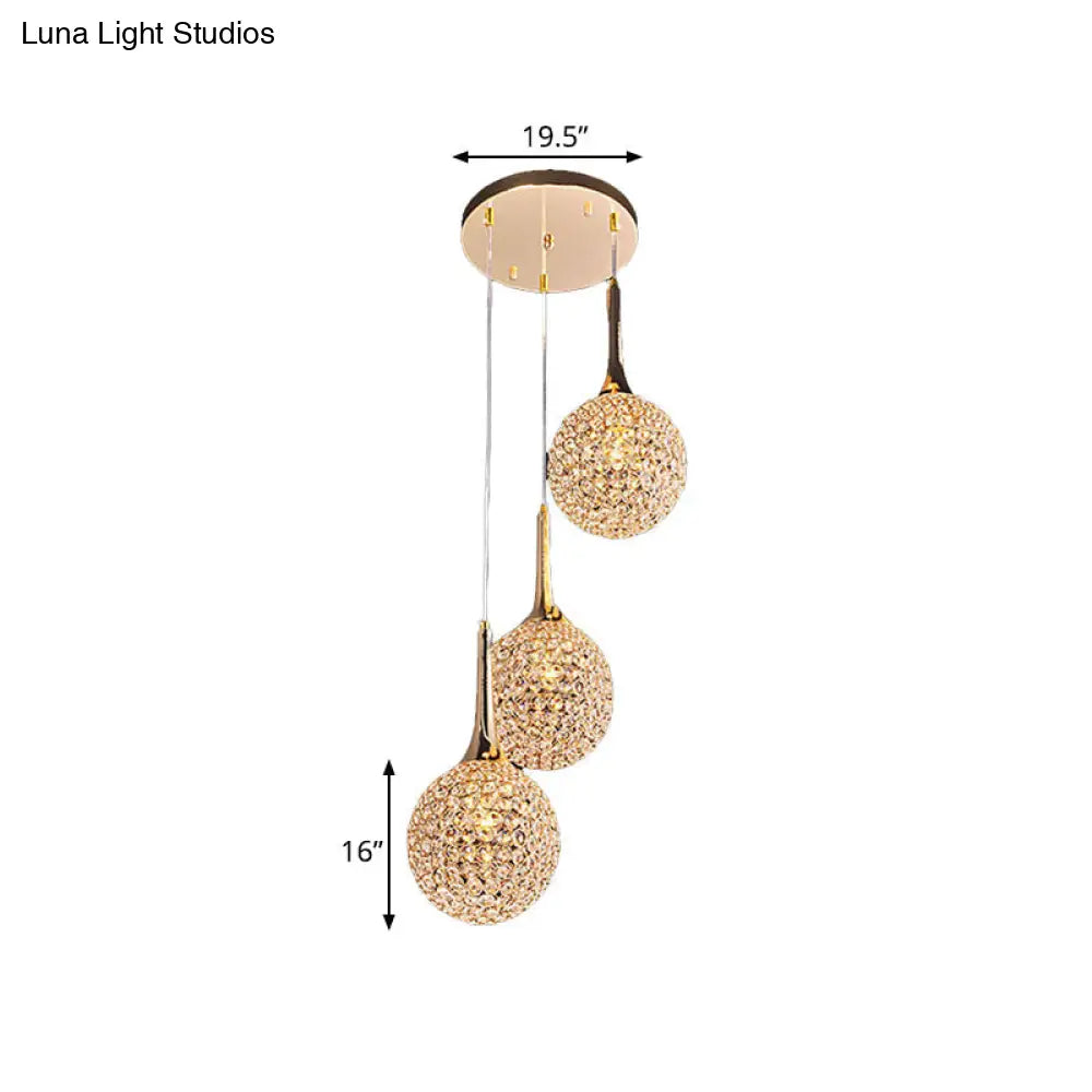 Simple Gold Dining Room Pendant With Crystal-Encrusted Globe Shade - 3/8 Heads Multi Light Kit