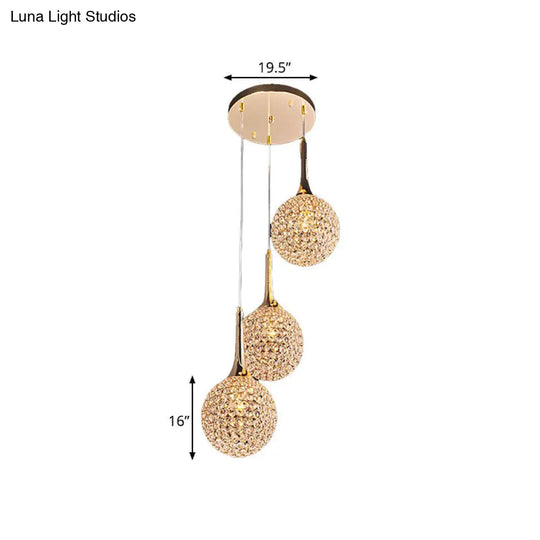 Simple Gold Dining Room Pendant With Crystal-Encrusted Globe Shade - 3/8 Heads Multi Light Kit