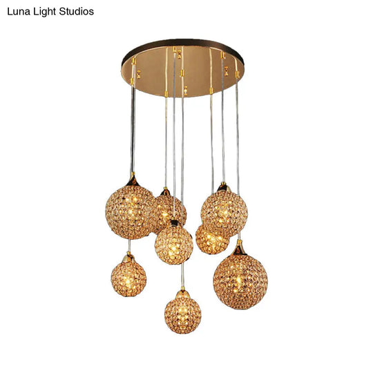 Simple Gold Dining Room Pendant With Crystal-Encrusted Globe Shade - 3/8 Heads Multi Light Kit