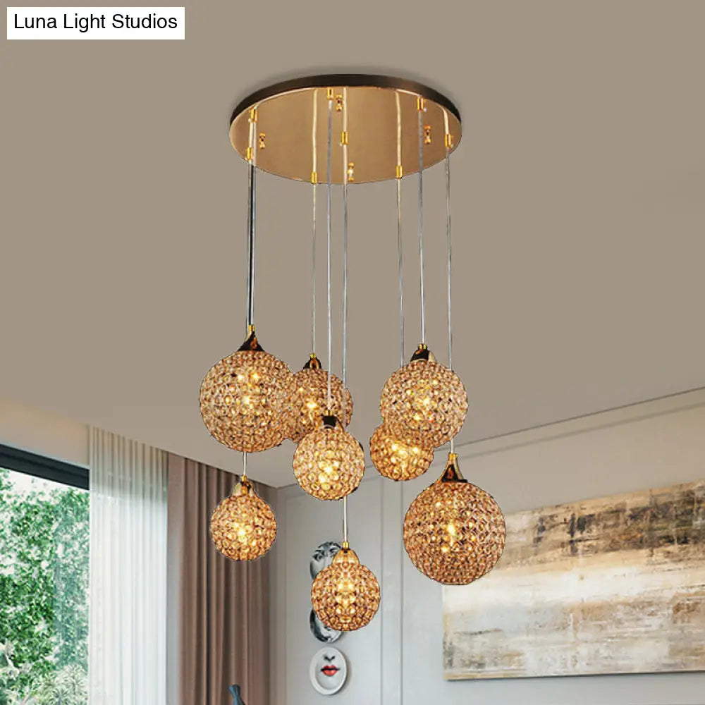 Multi-Headed Pendant Dining Room Lamp Kit With Crystal-Encrusted Shade In Gold