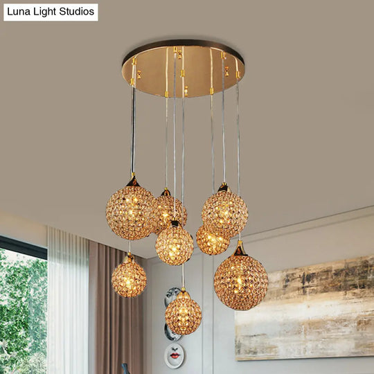 Multi-Headed Pendant Dining Room Lamp Kit With Crystal-Encrusted Shade In Gold