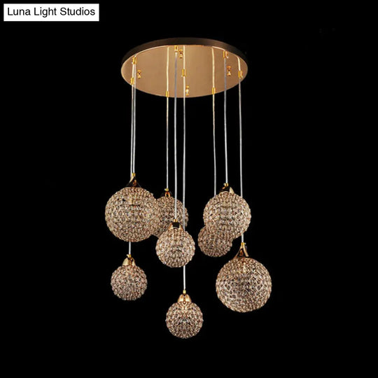 Simple Gold Dining Room Pendant With Crystal-Encrusted Globe Shade - 3/8 Heads Multi Light Kit