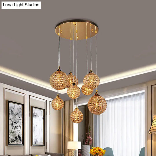 Simple Gold Dining Room Pendant With Crystal-Encrusted Globe Shade - 3/8 Heads Multi Light Kit