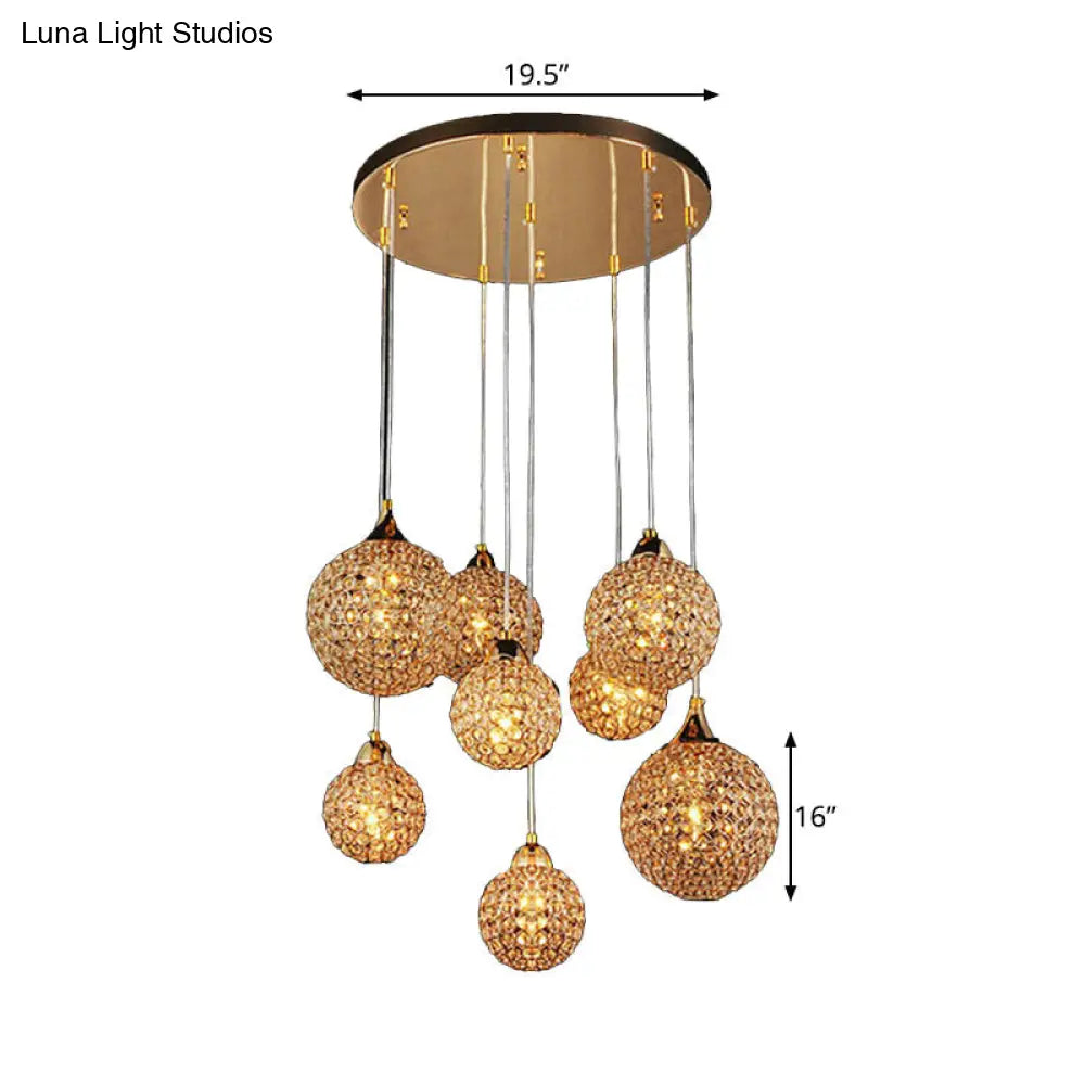 Simple Gold Dining Room Pendant With Crystal-Encrusted Globe Shade - 3/8 Heads Multi Light Kit