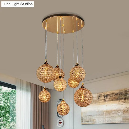 Simple Gold Dining Room Pendant With Crystal-Encrusted Globe Shade - 3/8 Heads Multi Light Kit