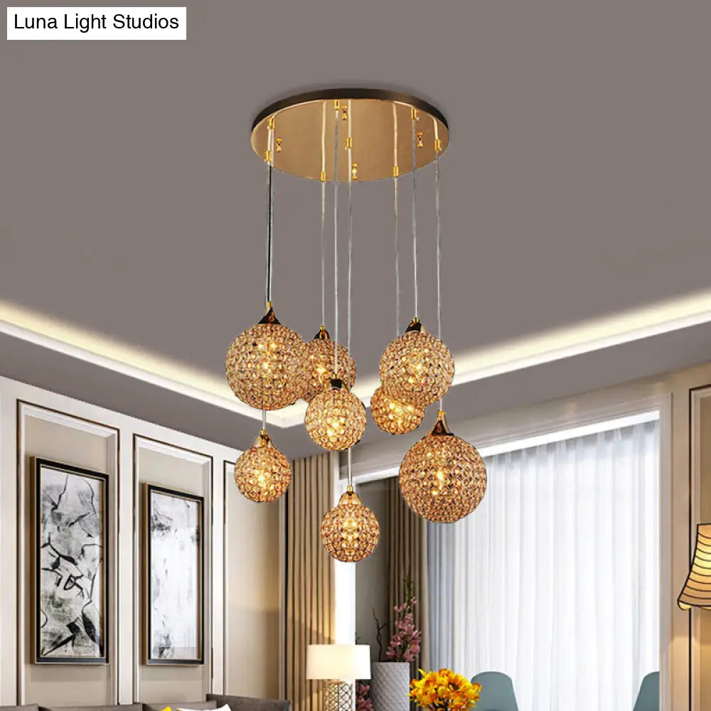 Multi-Headed Pendant Dining Room Lamp Kit With Crystal-Encrusted Shade In Gold