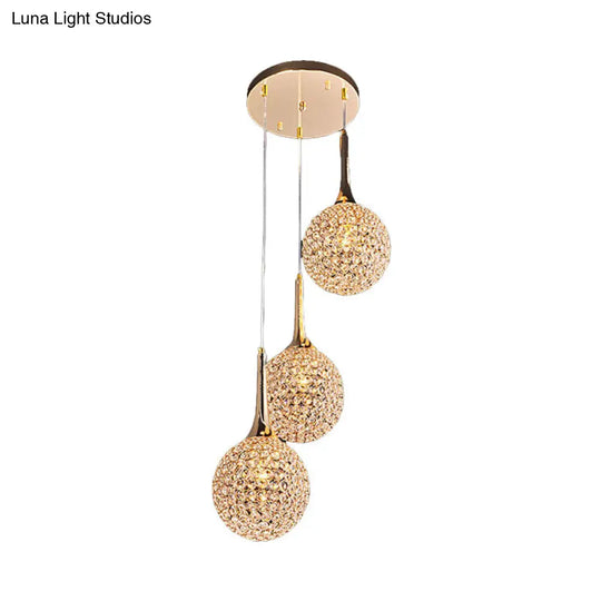 Simple Gold Dining Room Pendant With Crystal-Encrusted Globe Shade - 3/8 Heads Multi Light Kit