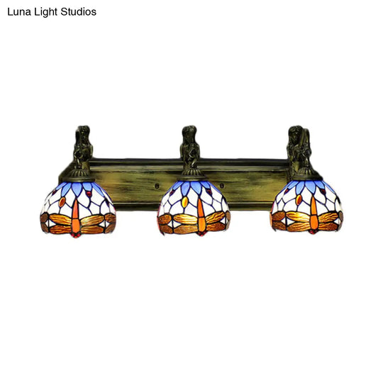 Multicolor Stained Glass Sconce Light: Bronze 3-Head Wall Mount With Baroque Design