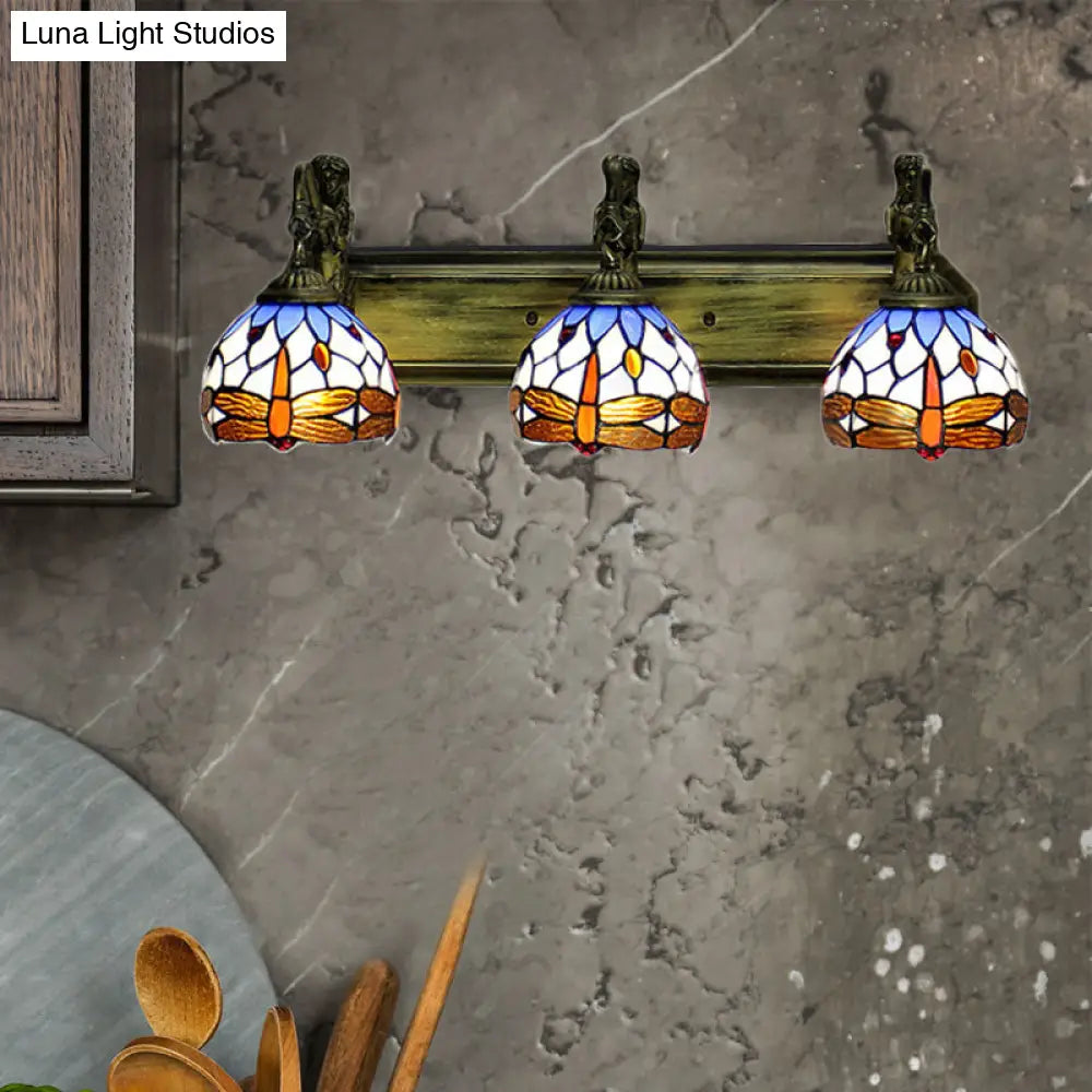 Multicolor Stained Glass Sconce Light: Bronze 3-Head Wall Mount With Baroque Design