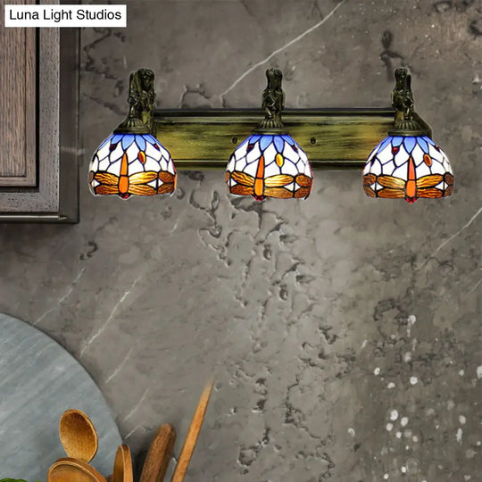 Multicolor Stained Glass Sconce Light: Bronze 3-Head Wall Mount With Baroque Design