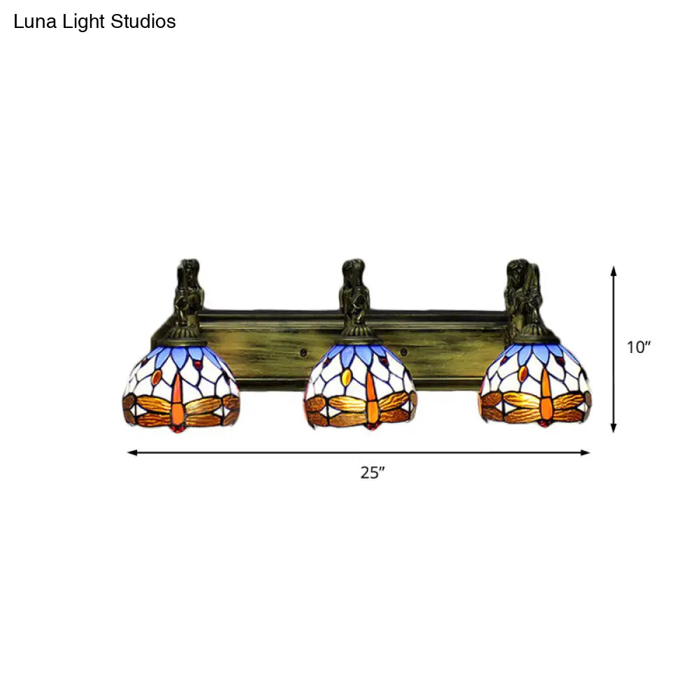 Multicolor Stained Glass Sconce Light: Bronze 3-Head Wall Mount With Baroque Design