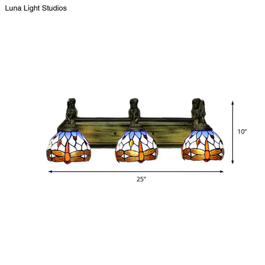 Multicolor Stained Glass Sconce Light: Bronze 3-Head Wall Mount With Baroque Design