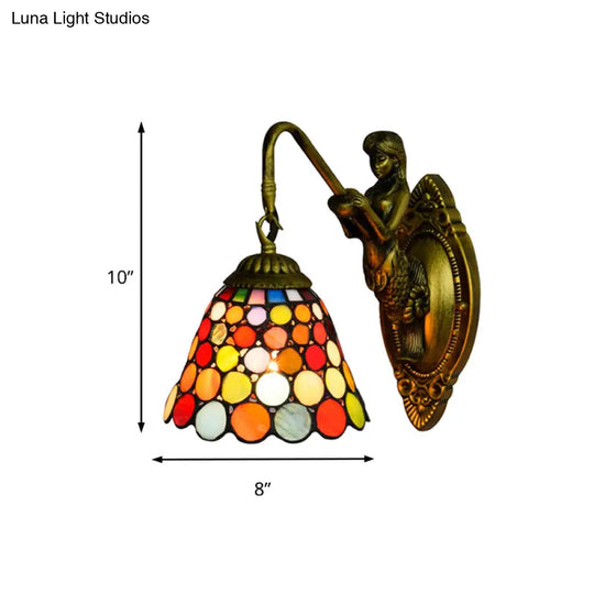 Multicolor Stained Glass Tiffany Bell Sconce Light - Antique Brass Wall Mount Fixture