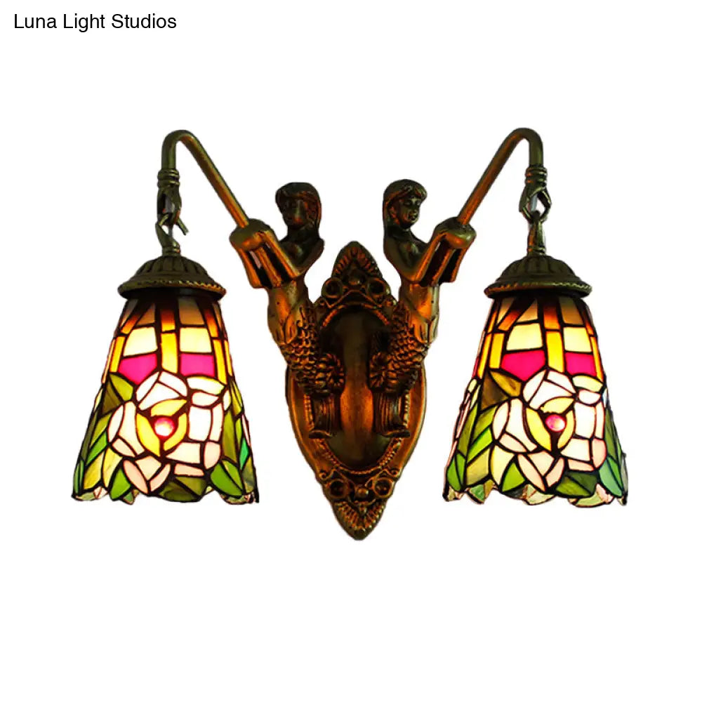 Multicolor Stained Glass Tiffany Wall Sconce Light Fixture With 2 Flared Heads Peacock Tail/Flower