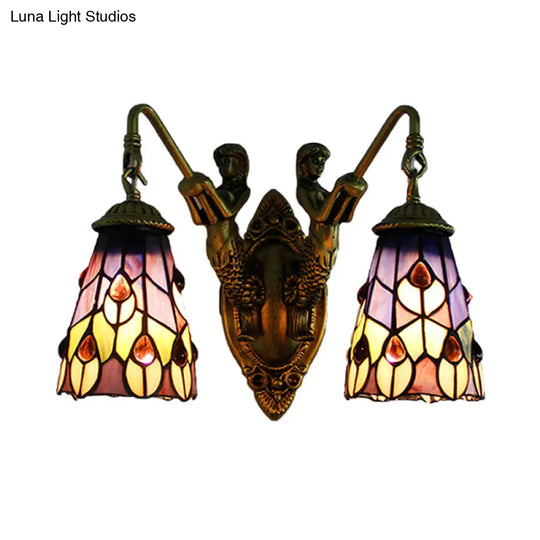 Multicolor Stained Glass Tiffany Wall Sconce Light Fixture With 2 Flared Heads Peacock Tail/Flower