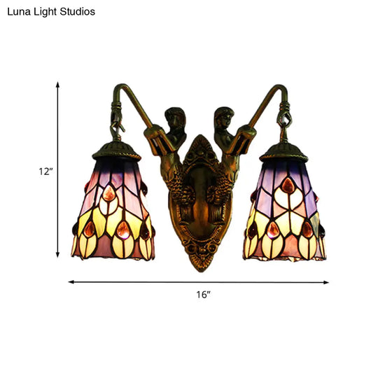 Multicolor Stained Glass Tiffany Wall Sconce Light Fixture With 2 Flared Heads Peacock Tail/Flower