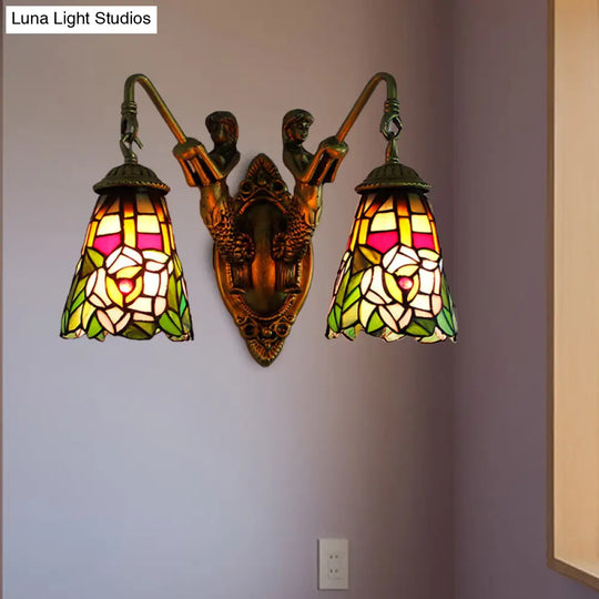 Multicolor Stained Glass Tiffany Wall Sconce Light Fixture With 2 Flared Heads Peacock Tail/Flower