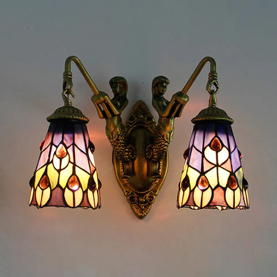 Multicolor Stained Glass Tiffany Wall Sconce Light Fixture With 2 Flared Heads Peacock Tail/Flower