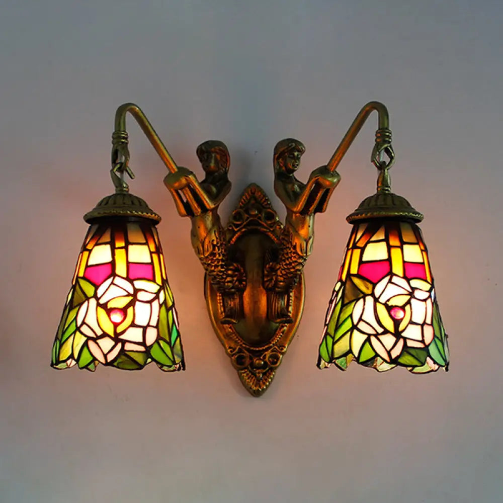 Multicolor Stained Glass Tiffany Wall Sconce Light Fixture With 2 Flared Heads Peacock Tail/Flower