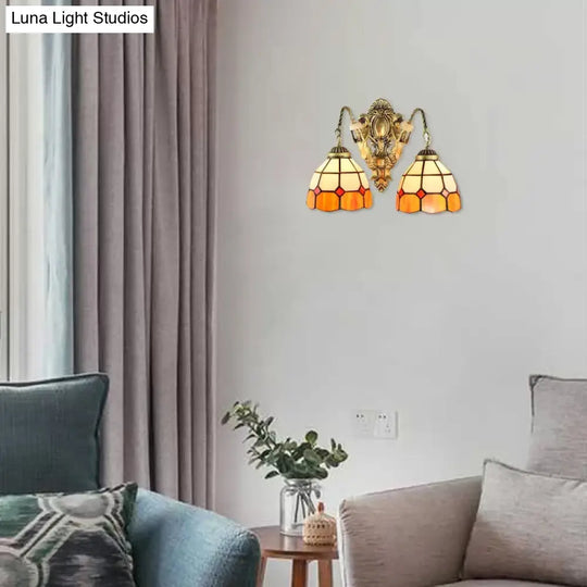 Multicolor Stained Glass Wall Sconce Light - Tiffany Dome/Cone Design With Brass Finish 2 Heads