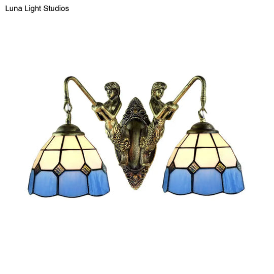 Multicolor Stained Glass Wall Sconce Light - Tiffany Dome/Cone Design With Brass Finish 2 Heads